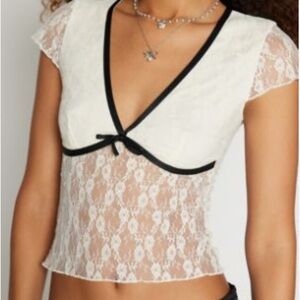 UO Kimchi Blue White Lace Top with Black Trim